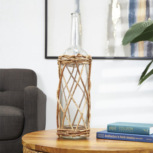 Large Clear Glass Vase Wrapped in Woven Brown Rattan Wood