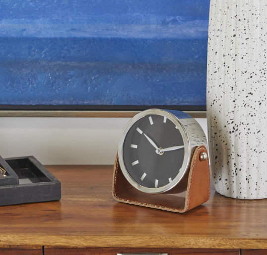 Silver Stainless Steel Clock with Leather Stand