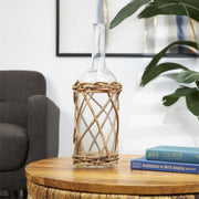 Medium Clear Glass Vase Wrapped in Woven Brown Rattan Wood