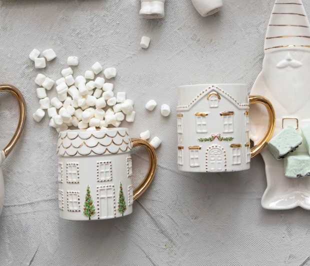 Stoneware Hand-Painted Christmas House Mugs | Pick Your Style