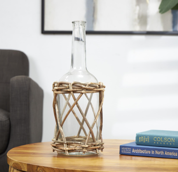 Clear Glass Vase Wrapped in Woven Brown Rattan Wood