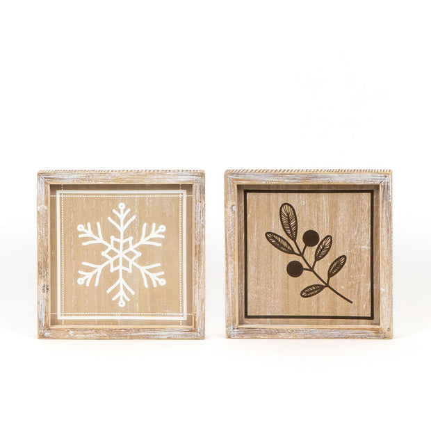 Wood Framed Snowflake & Holly Wall Decor