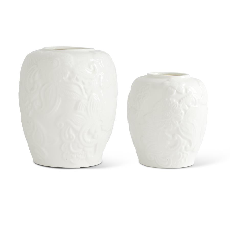 White Ceramic Paisley & Floral Embossed Vase | Large