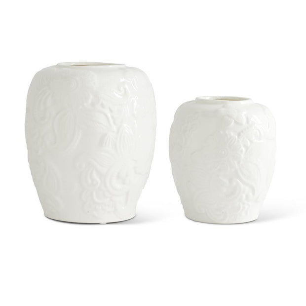 White Ceramic Paisley & Floral Embossed Vase | Small