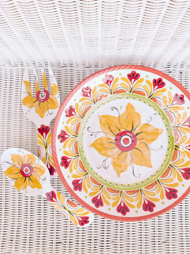 Red Spanish Design Salad Bowl With Serving Utensils