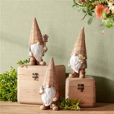 Wicker Hat Resin Gnomes | 3 Assorted