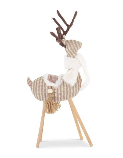 Tan and cream striped fabric deer with faux fur scarf