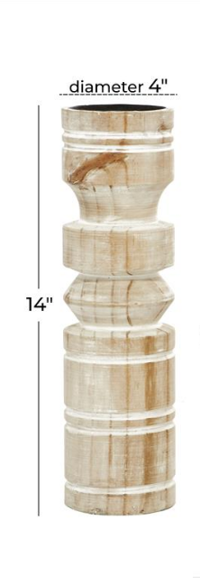 Brown wood pillar candle holder with white wash finish