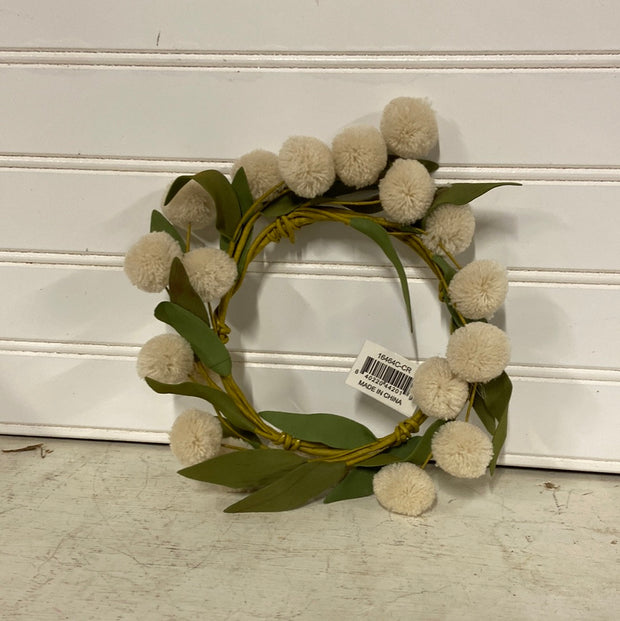 Small cream pompon with green Eva leaves candle ring wreath