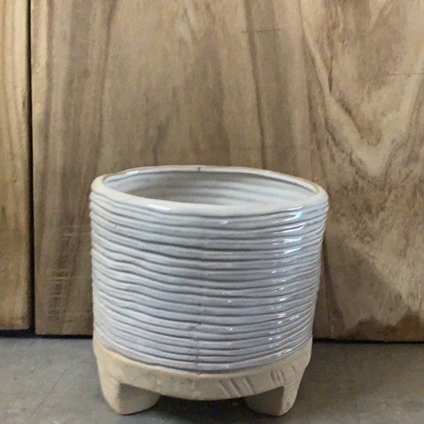 Cream 2-Tone Line Design w/ 3 Feet Ceramic Pot