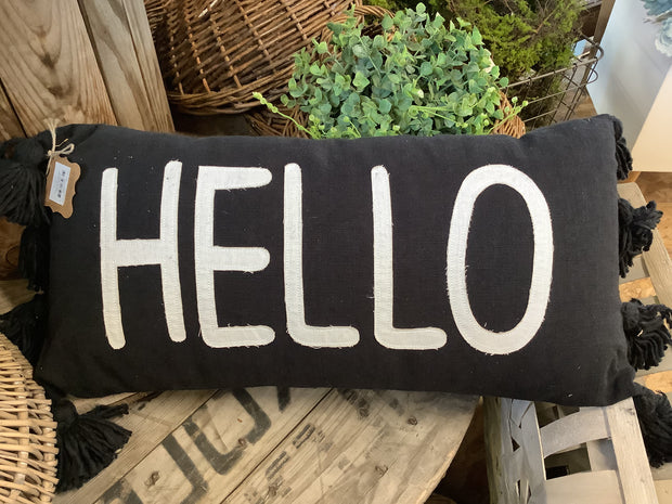 Black "Hello" Pillow with Tassels