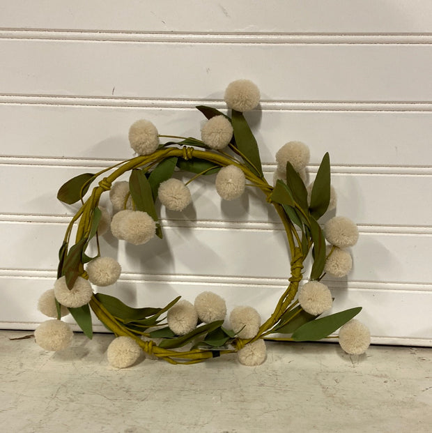 Cream Pompom With Green Eva Leaves Candle Ring