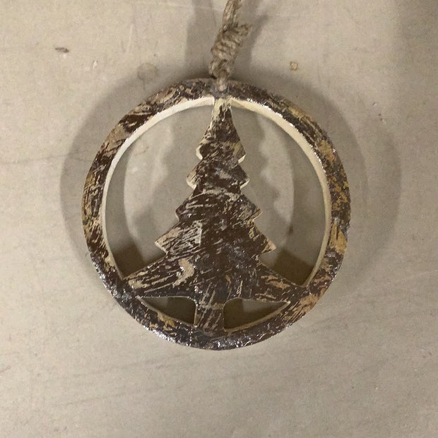 Gold Wood circle with tree ornament
